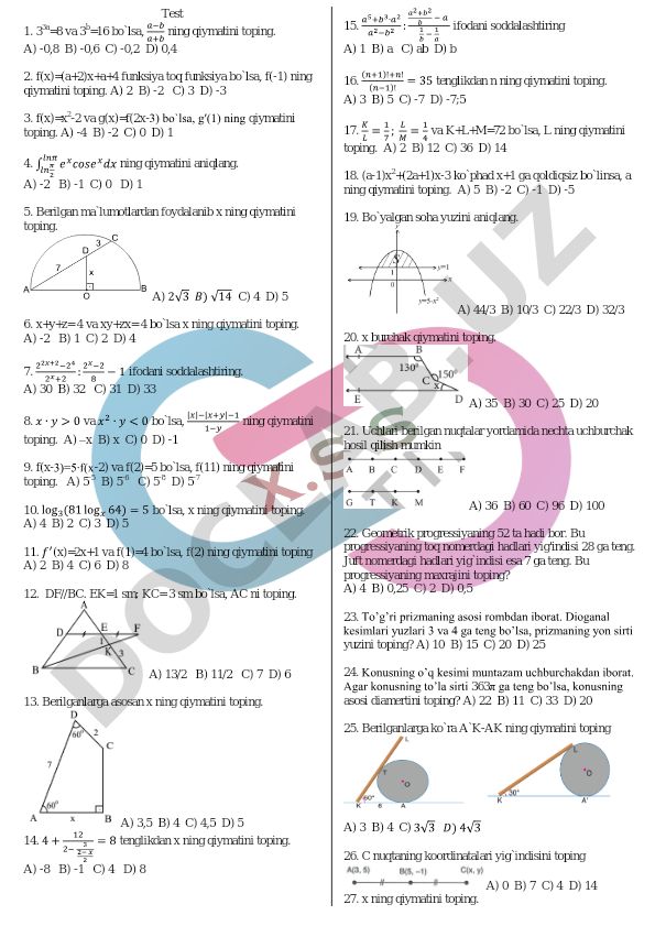 Matematika test savollari va masalalari