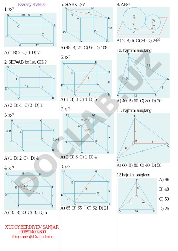 Fazoviy shakllar va geometriya masalalari to'plami