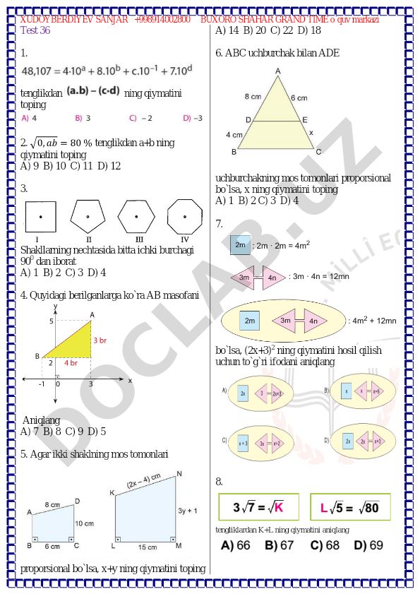Matematika test savollari va masalalari