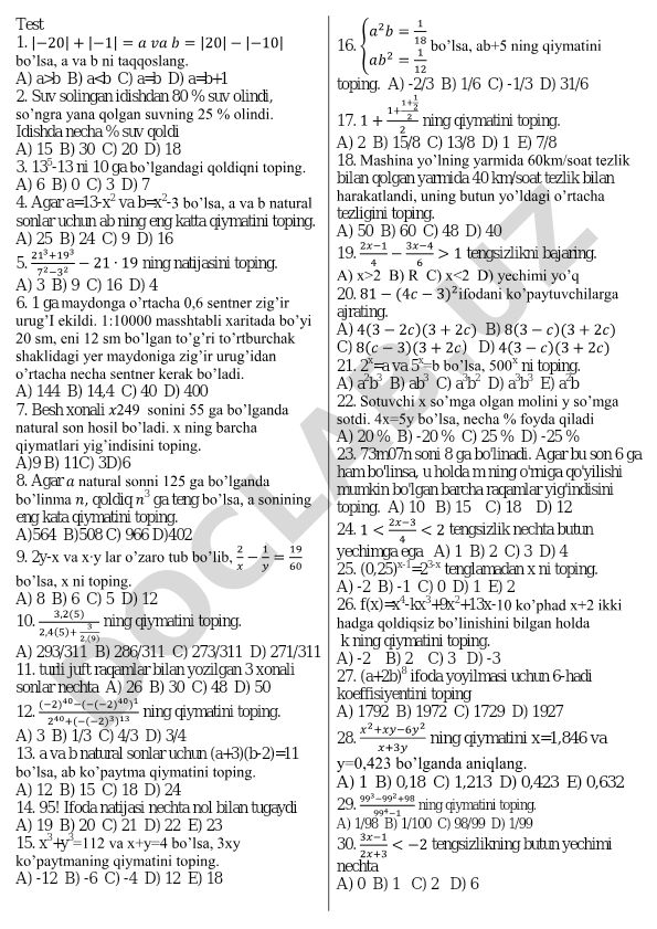 Matematika test savollari va masalalari