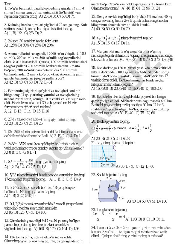 Matematika test savollari va masalalari