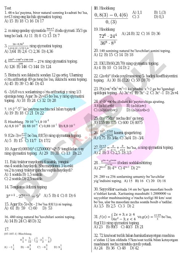 Matematika test savollari va masalalari