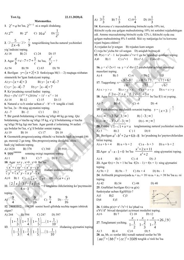 Matematika test savollari va masalalari