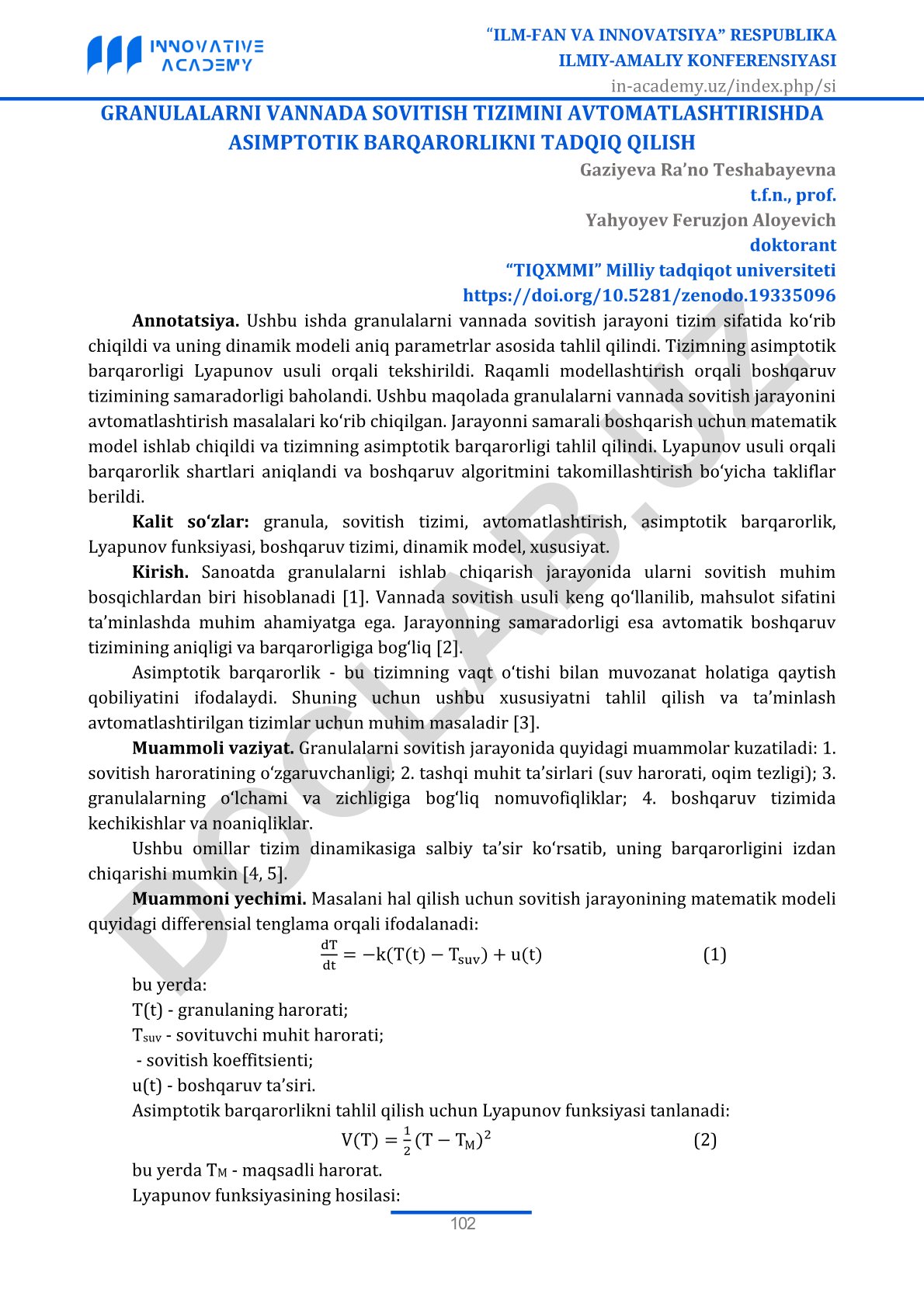 Granulalarni vannada sovitish tizimini avtomatlashtirishda asimptotik barqarorlikni tadqiq qilish