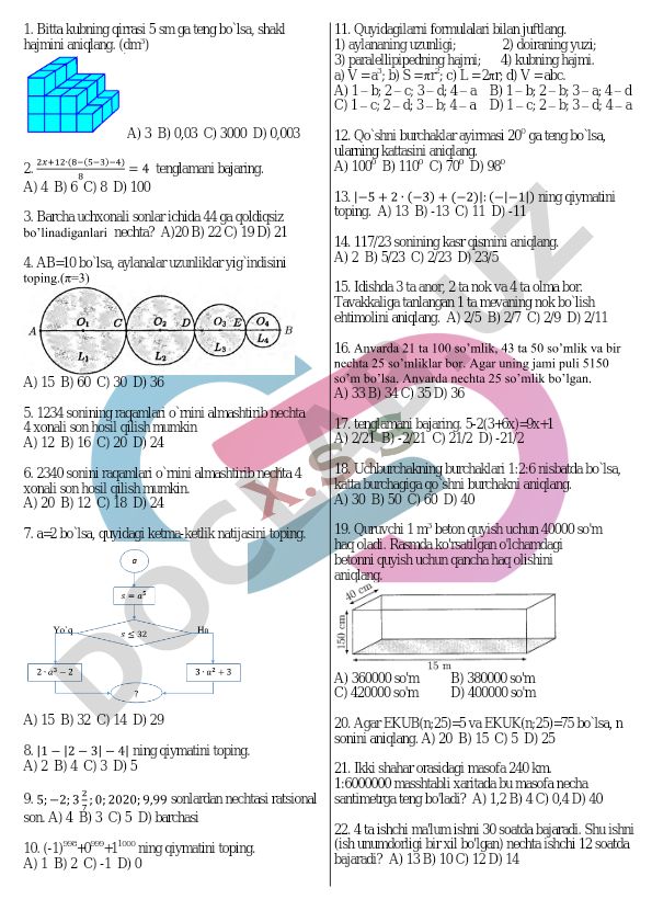 Matematika test savollari to'plami