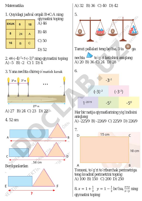 Matematika test savollari va masalalari