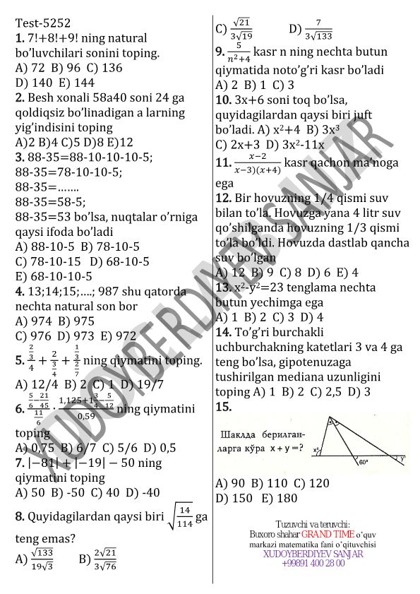 Matematika test savollari va masalalari