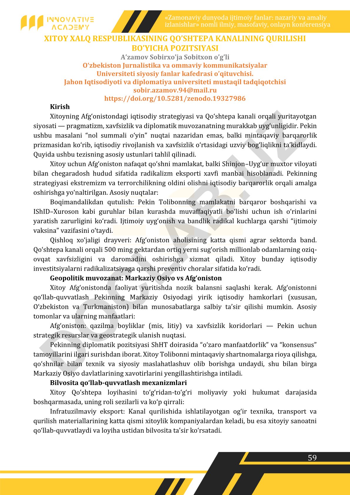 Xitoyning Afg'onistondagi iqtisodiy strategiyasi va Qo'shtepa kanali
