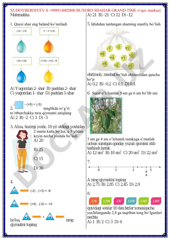 Matematika test savollari va masalalari