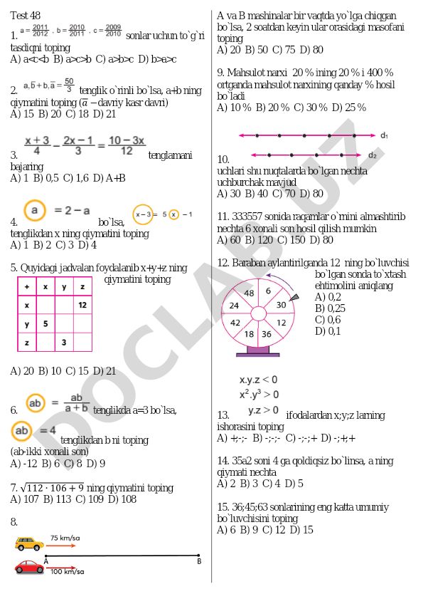 Matematika test savollari va masalalari