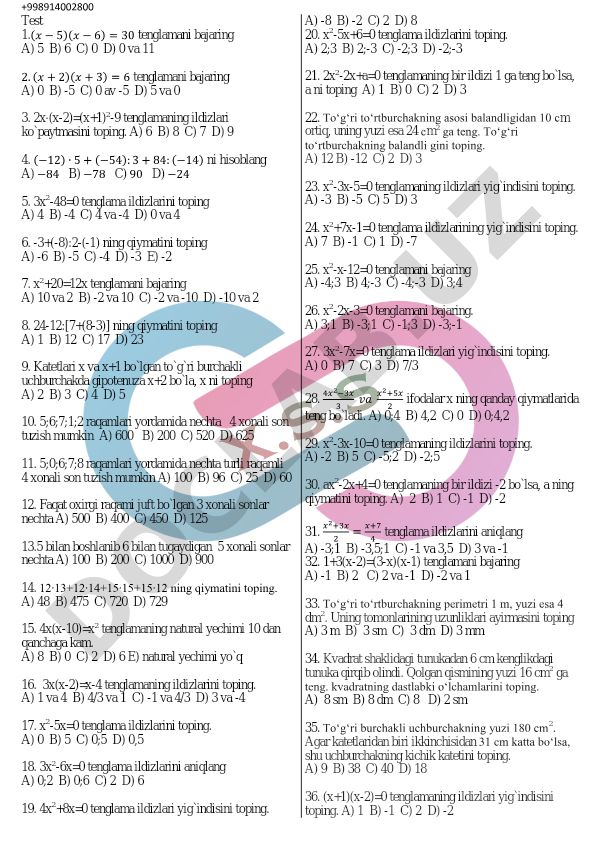 Matematika test savollari va masalalari