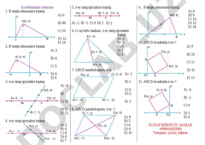 Koordinatalar sistemasi va geometriya masalalari to'plami