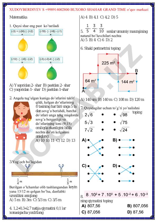 Matematika test savollari va masalalari