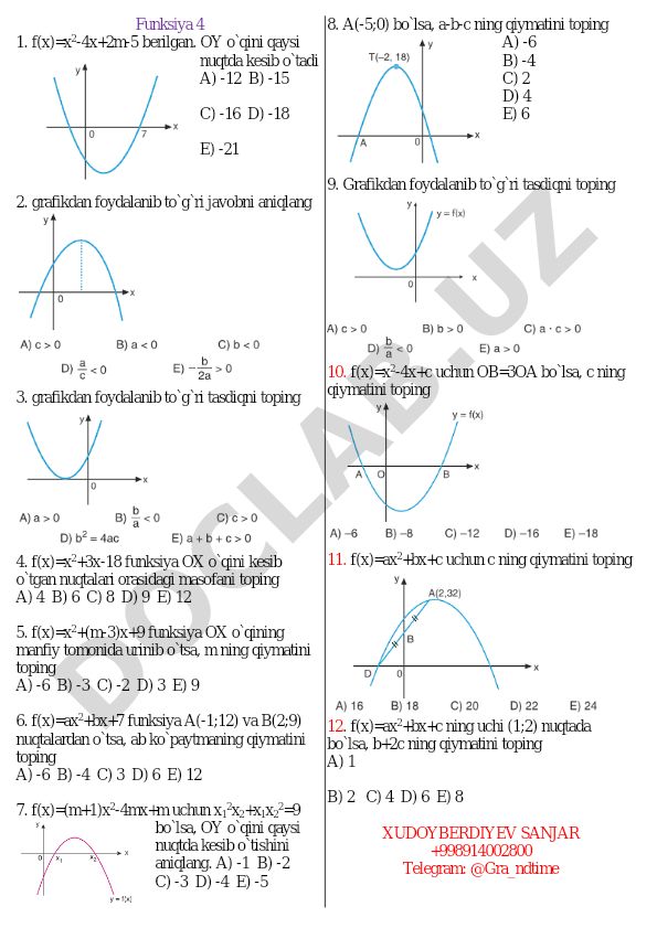 Kvadrat funksiyalar va grafiklar bo'yicha matematika test savollari