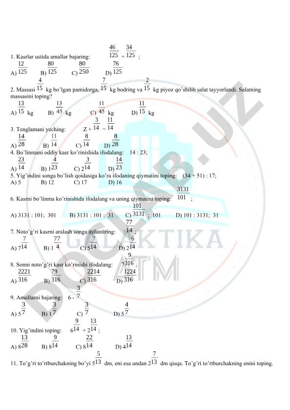 Kasrlar ustida amallar va matematik masalalar