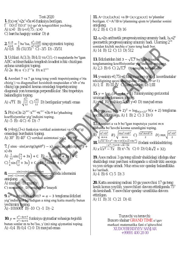 Matematika test savollari va masalalari