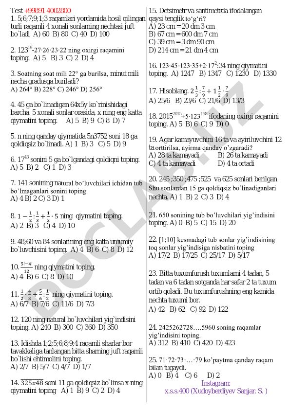 Matematika test savollari va masalalari