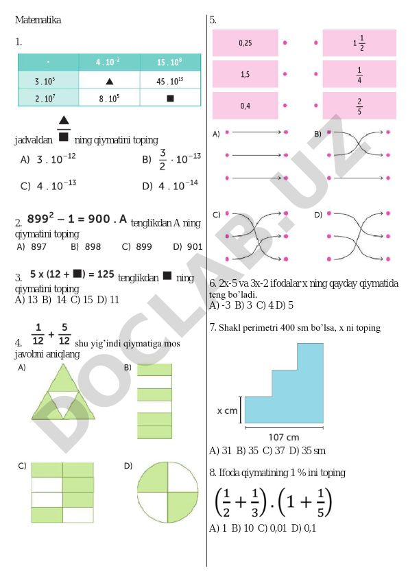 Matematika test savollari va masalalari to'plami