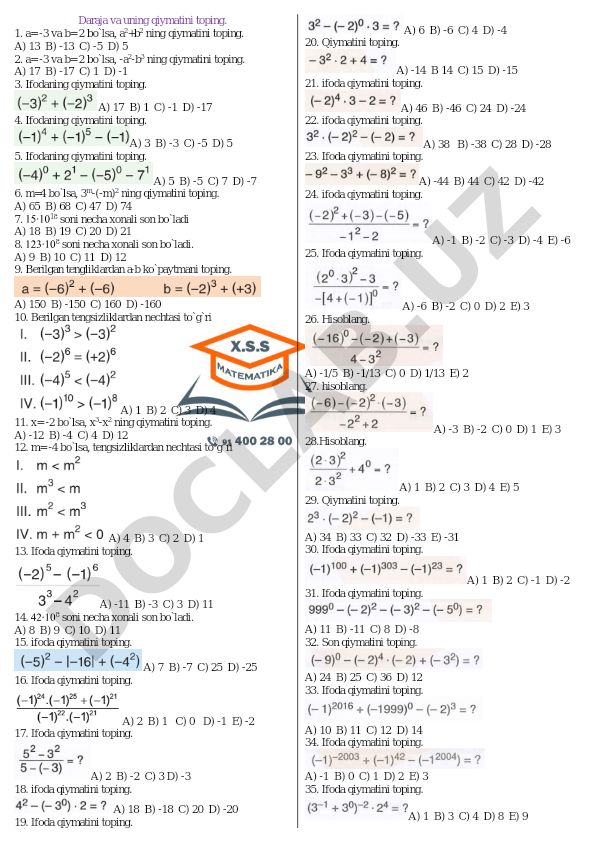 Algebraik ifodalar qiymatini hisoblash testlari