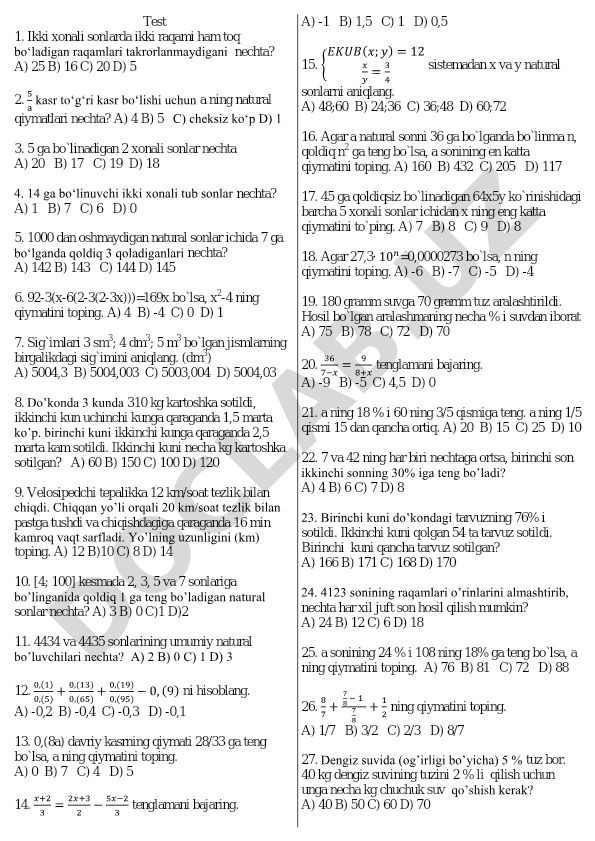 Matematika test savollari va masalalari