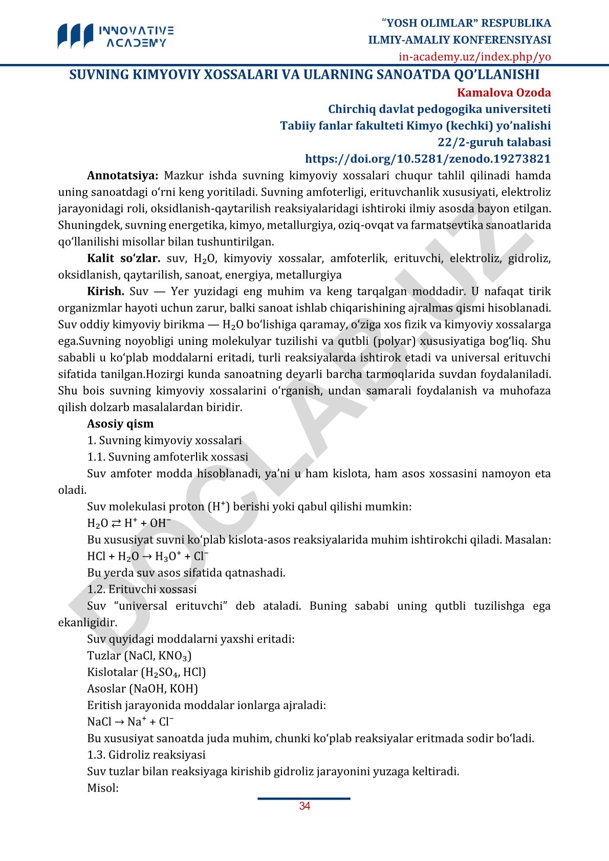 Suvning kimyoviy xossalari va ularning sanoatda qo'llanilishi