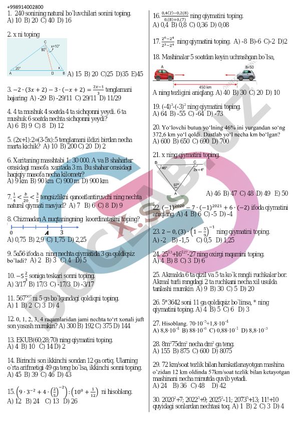 Matematika test savollari va masalalari