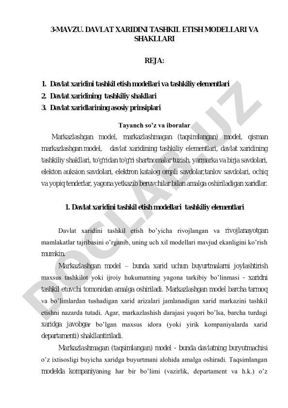 Davlat xaridini tashkil etish modellari va shakllari
