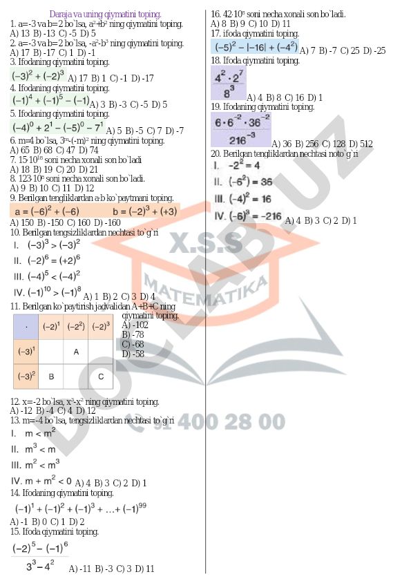 Algebraik ifodalar qiymatini topish masalalari