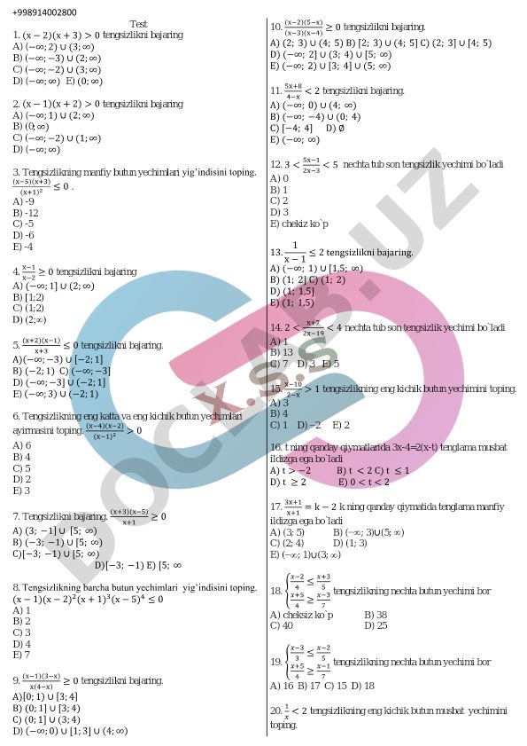 Algebra tengsizliklaridan test masalalari
