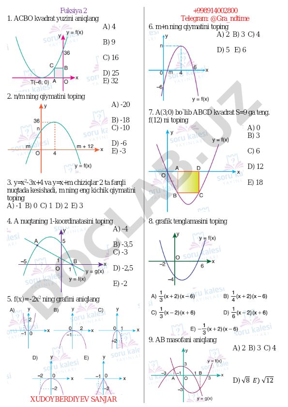 Matematika test savollari va masalalari