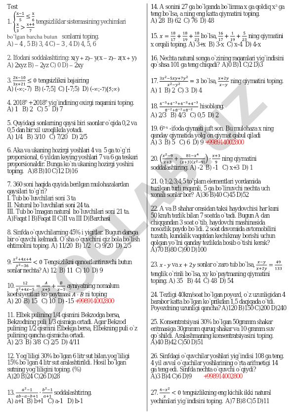 Matematika test savollari va masalalari