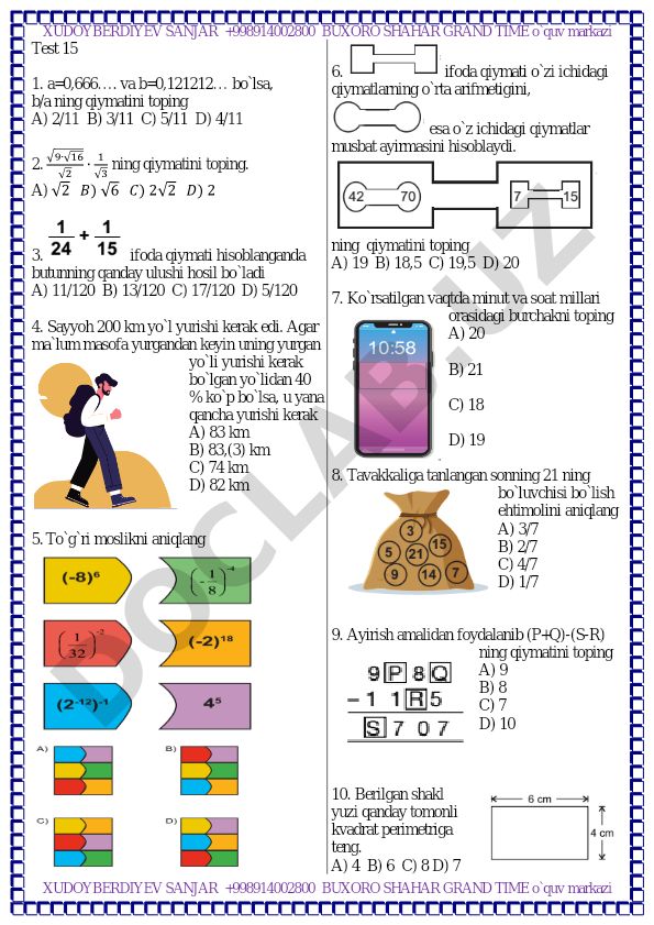 Matematika test savollari va masalalari