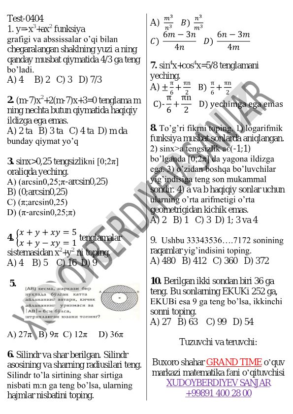Matematika test savollari to'plami