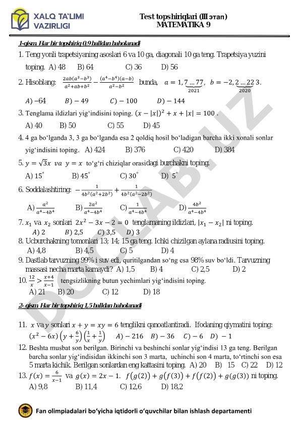 Matematika fan olimpiadasi test topshiriqlari (III bosqich)