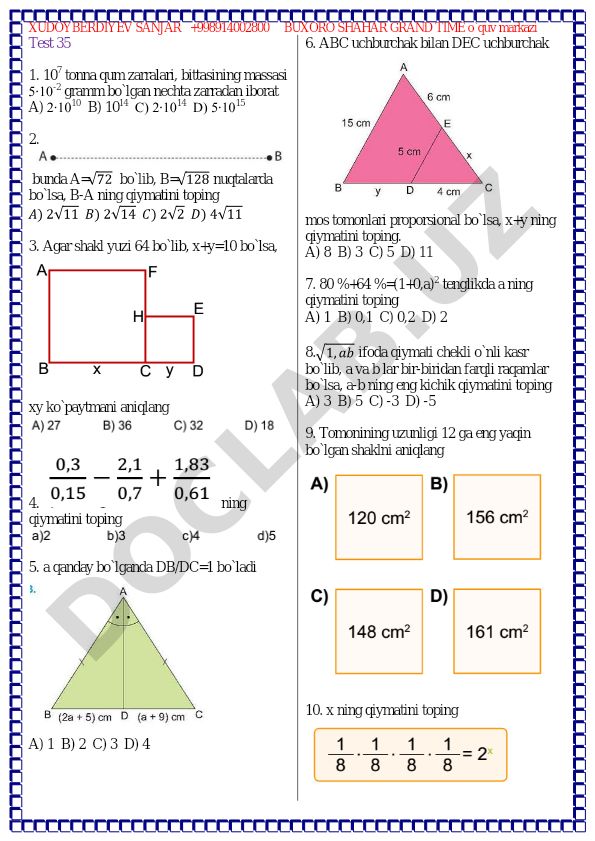 Matematika test savollari va masalalari