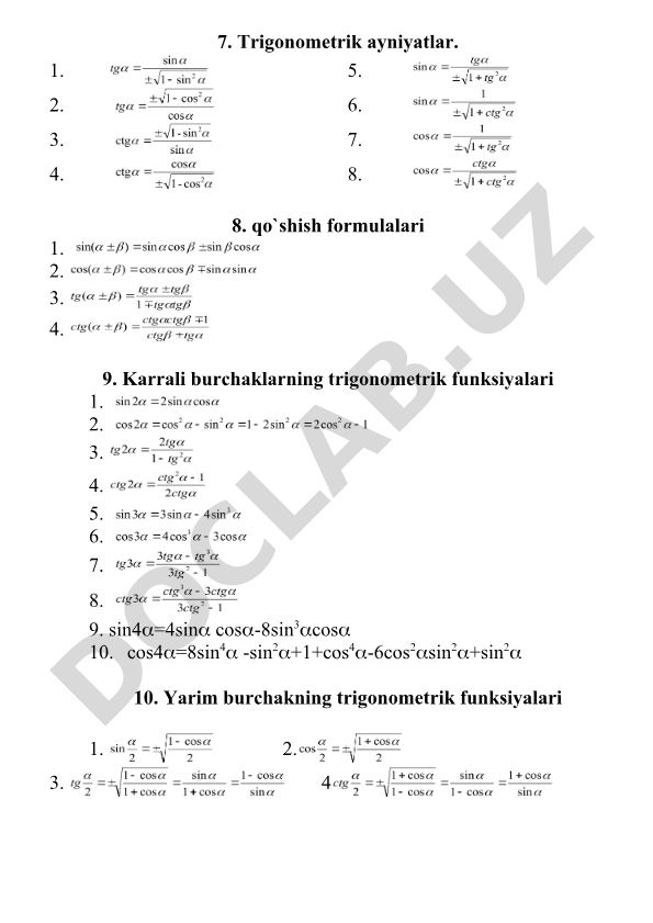 Trigonometrik ayniyatlar va formulalar