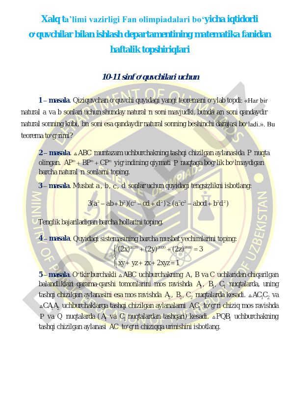 Matematika fanidan haftalik topshiriqlar 10-11 sinflar uchun