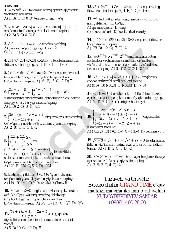 Matematika tenglamalar va tengsizliklar testi