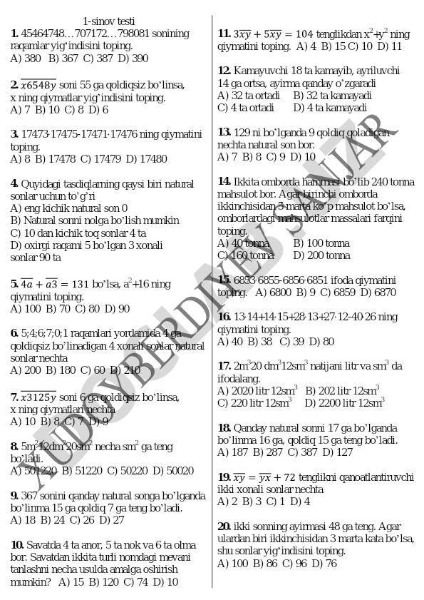 Matematika test savollari va masalalari