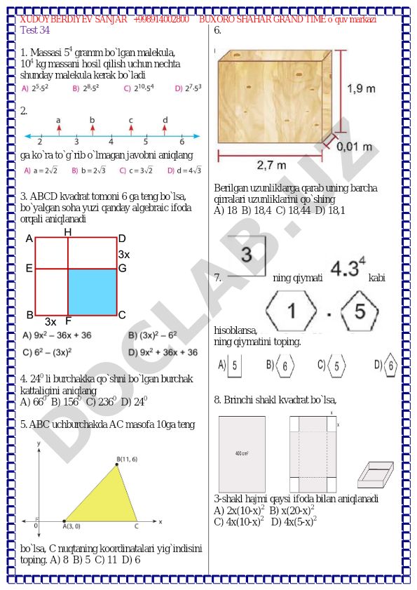 Matematika va geometriya test savollari to'plami