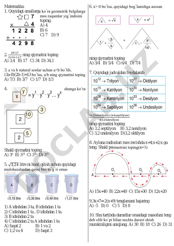 Matematika test savollari va masalalari