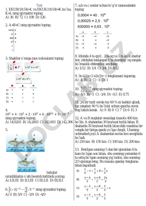 Matematika test savollari va masalalari