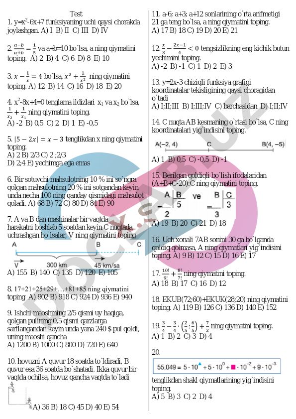 Matematika test savollari va masalalari