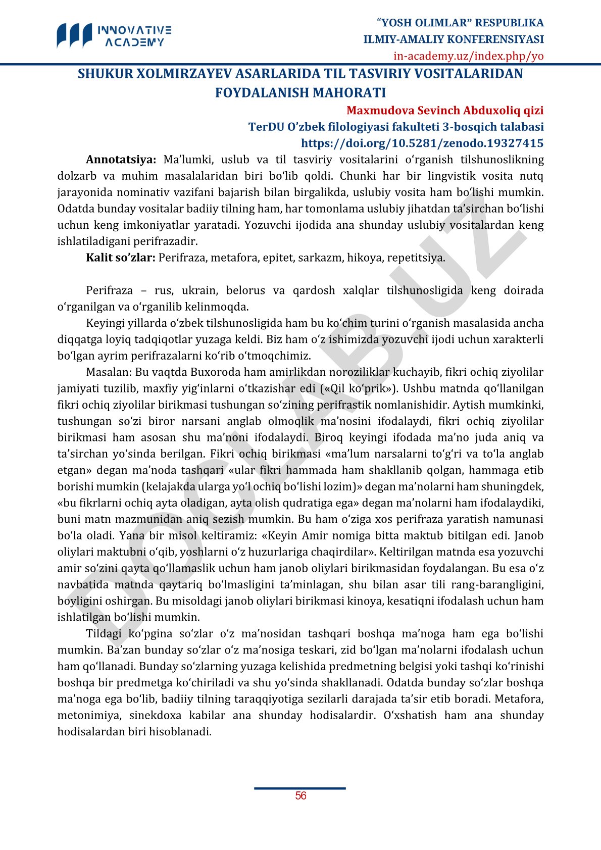 Shukur Xolmirzayev asarlarida til tasviriy vositalaridan foydalanish mahorati