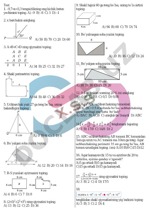 Matematika test savollari va masalalari
