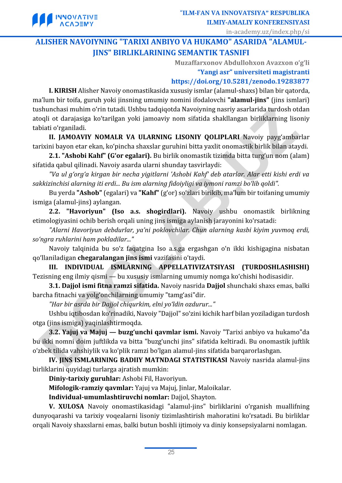 Alisher Navoiyning "Tarixi Anbiyo va Hukamo" asarida "alamul-jins" birliklarining semantik tasnifi