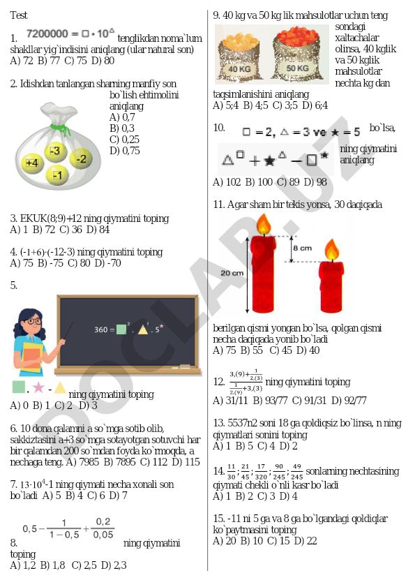 Matematika test savollari va masalalari