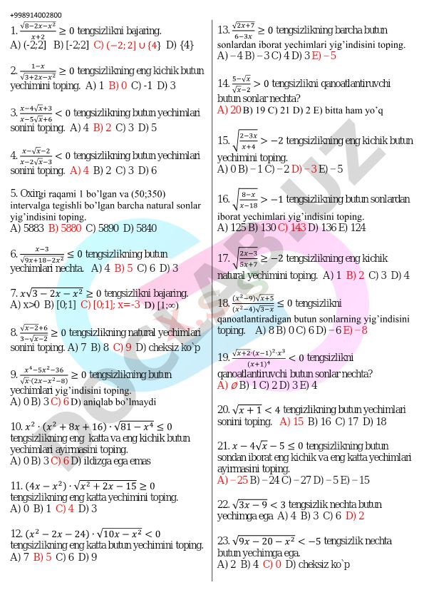 Algebra tengsizliklar va ildizli ifodalar masalalari