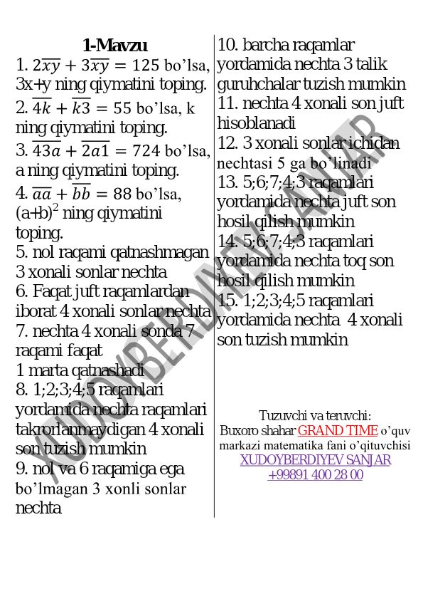 Kombinatorika va sonlar nazariyasi bo'yicha matematika masalalari