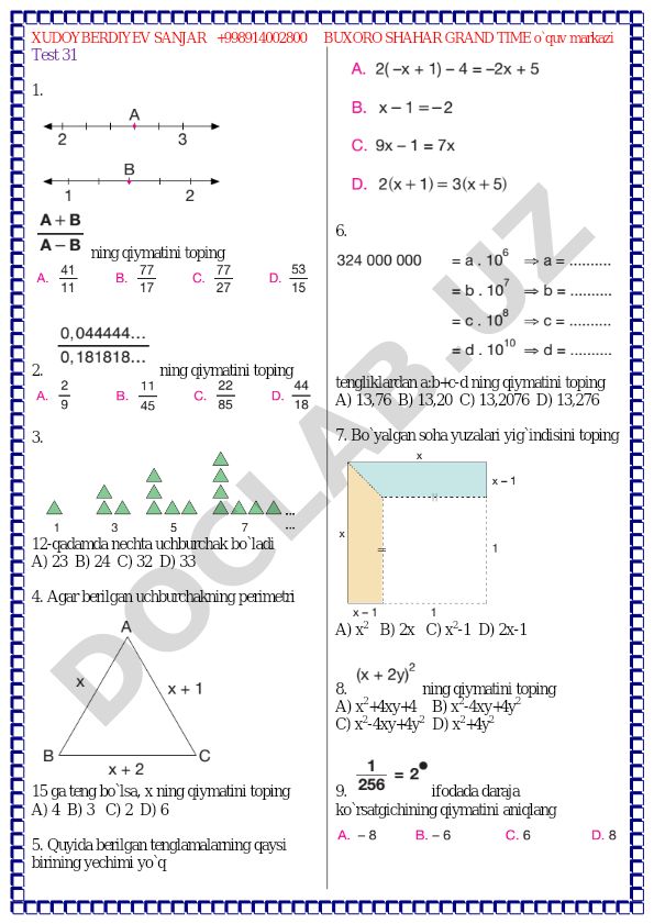 Matematika test savollari va masalalari